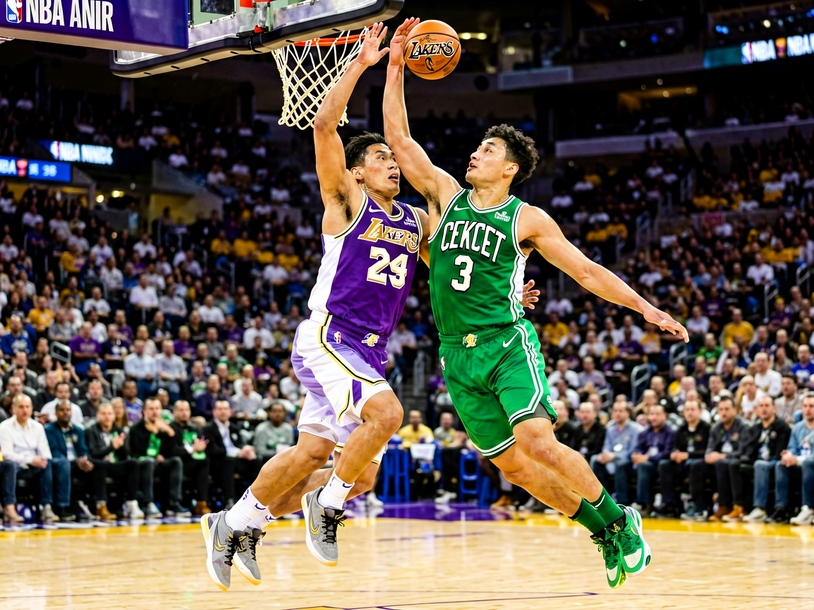 NBA常规赛激烈对抗画面,球员突破上篮瞬间